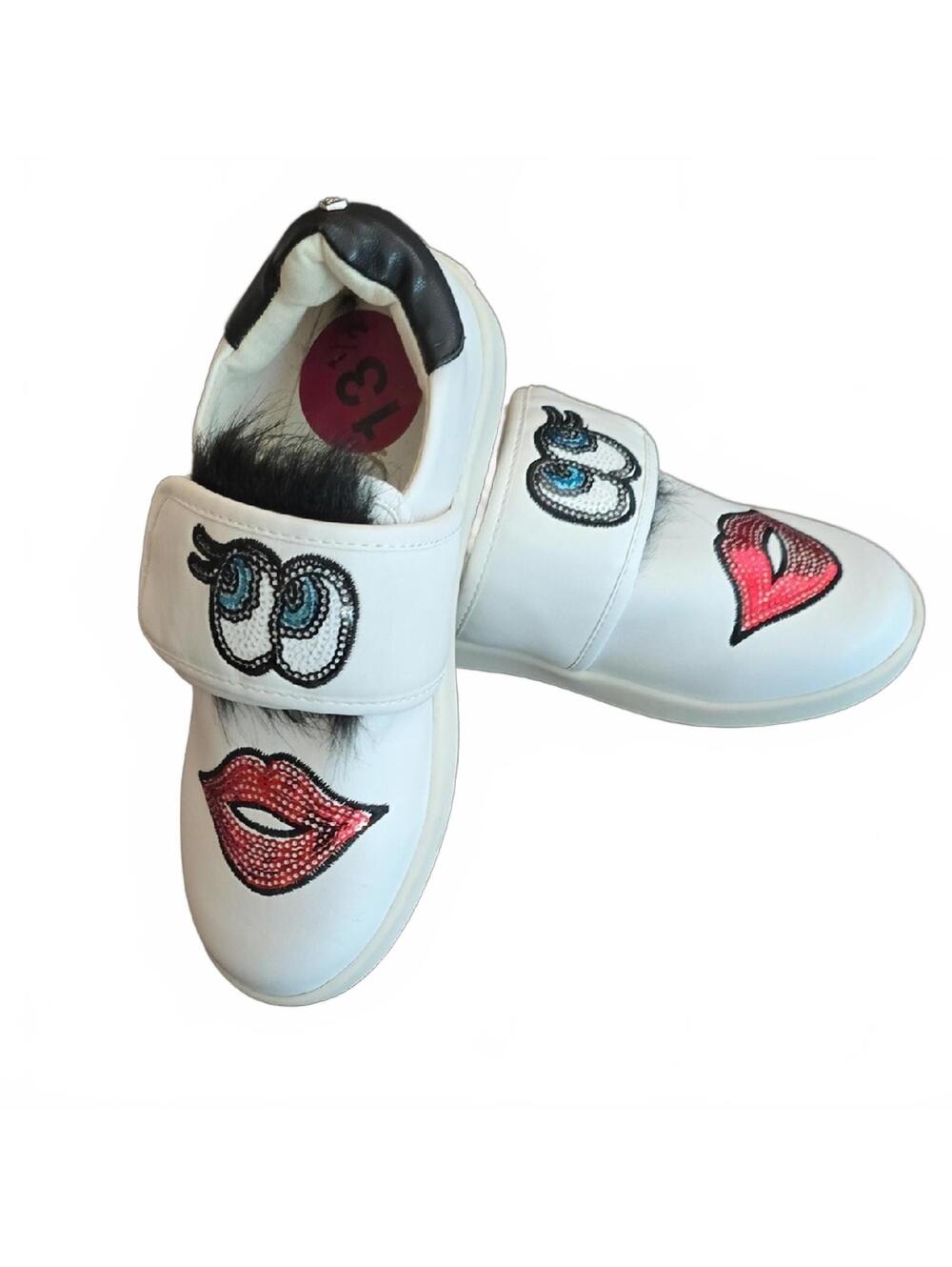 Sam Edelman White Slip On Sneakers Sequin Eyes Lips Faux Fur  Shoes Size 13